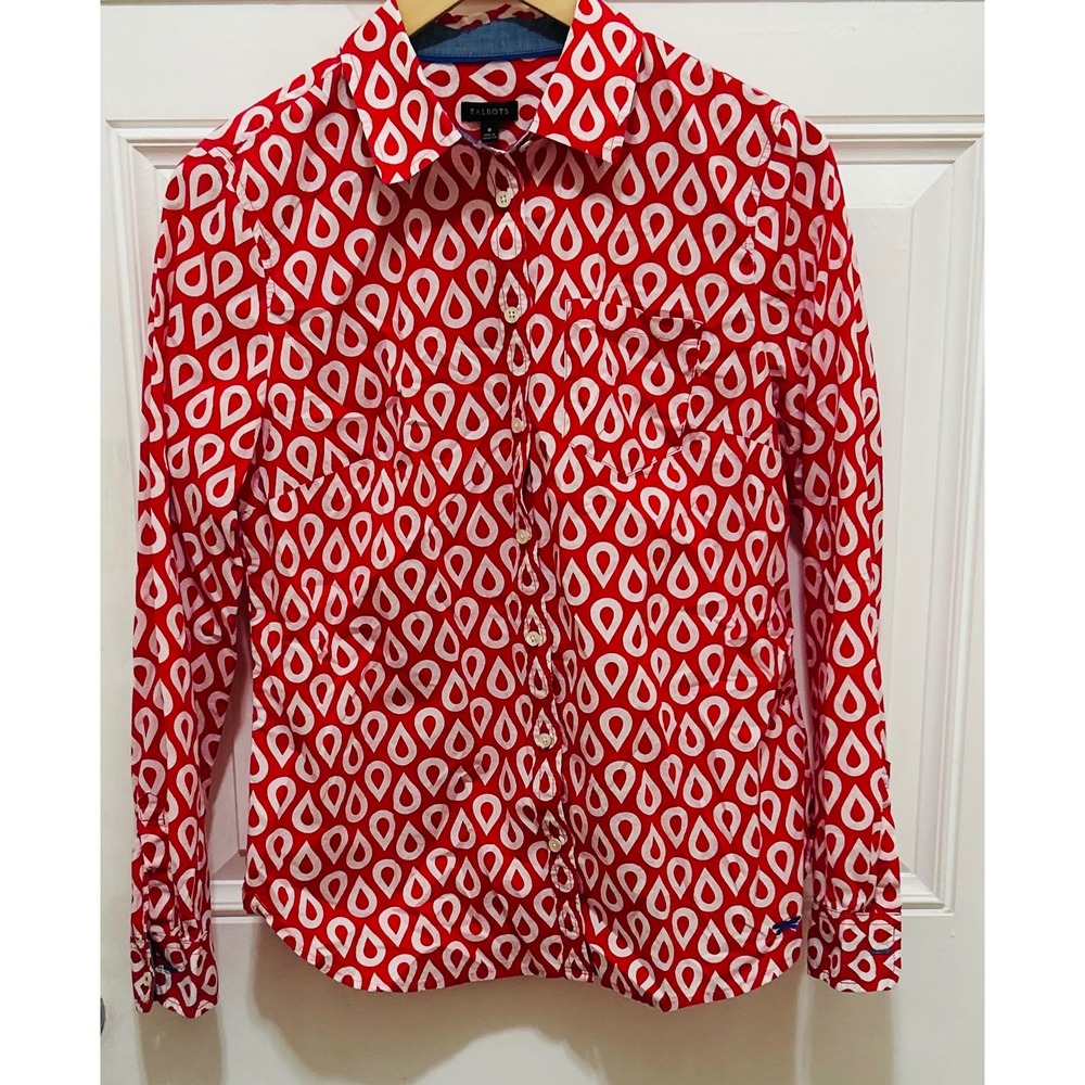 Talbots Red White Geometric Teardrop Cotton Button Down Womens 8 Long Sleeve